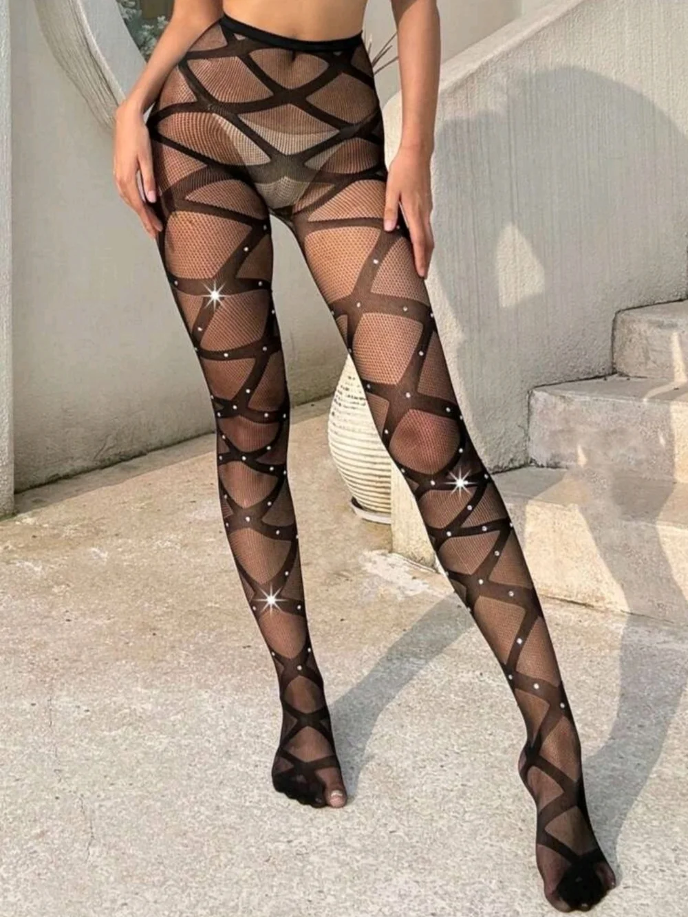 Women's Black Rhinestone Crisscross Fishnet Tights